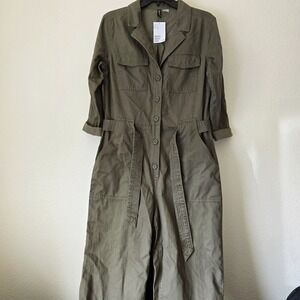 NWT H&M Coverall‎ Utility Jumpsuit Women Sz 6 Cotton Olive Green Barn Chore Work